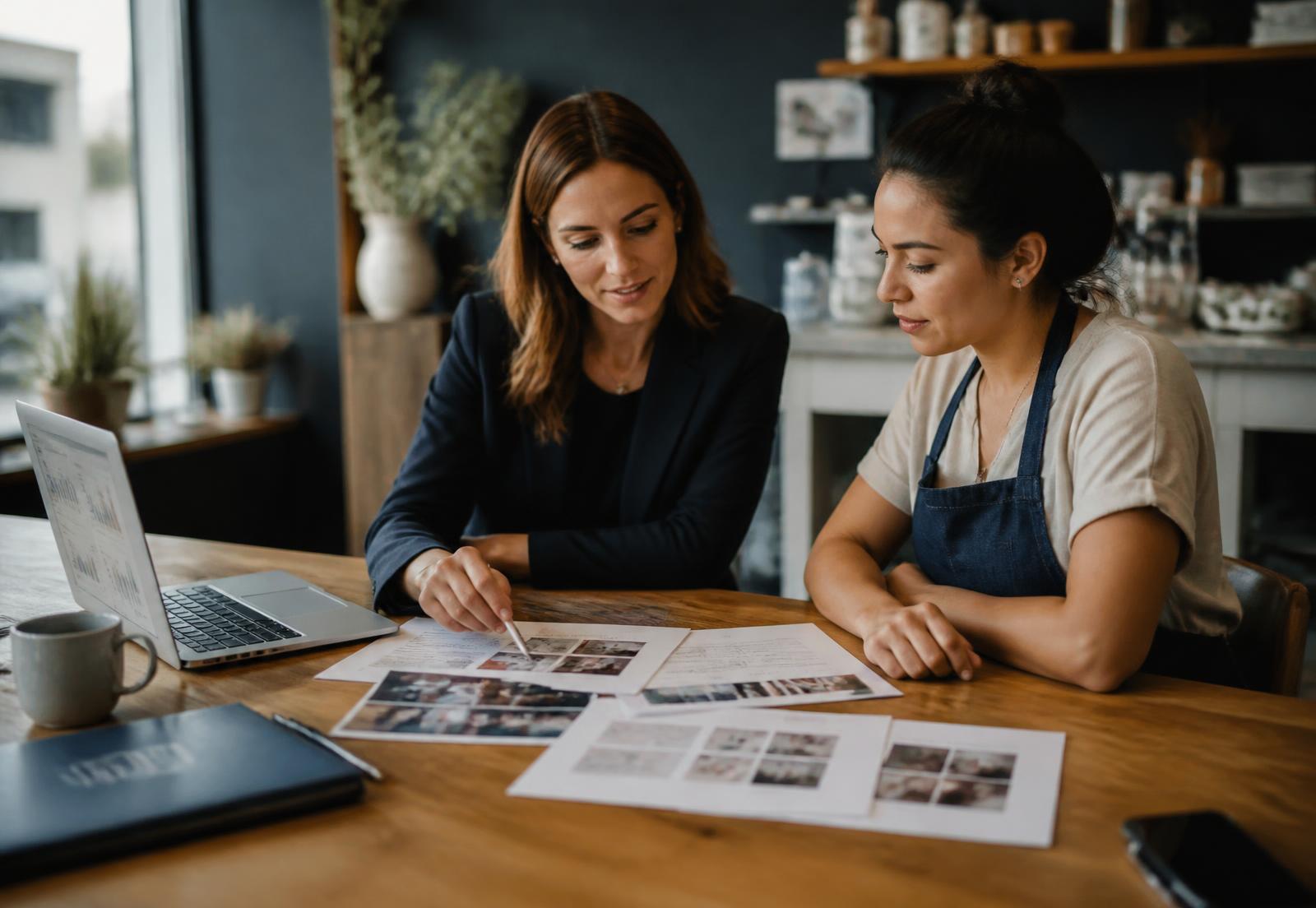 Two marketing strategists reviewing campaign plans together at a studio table