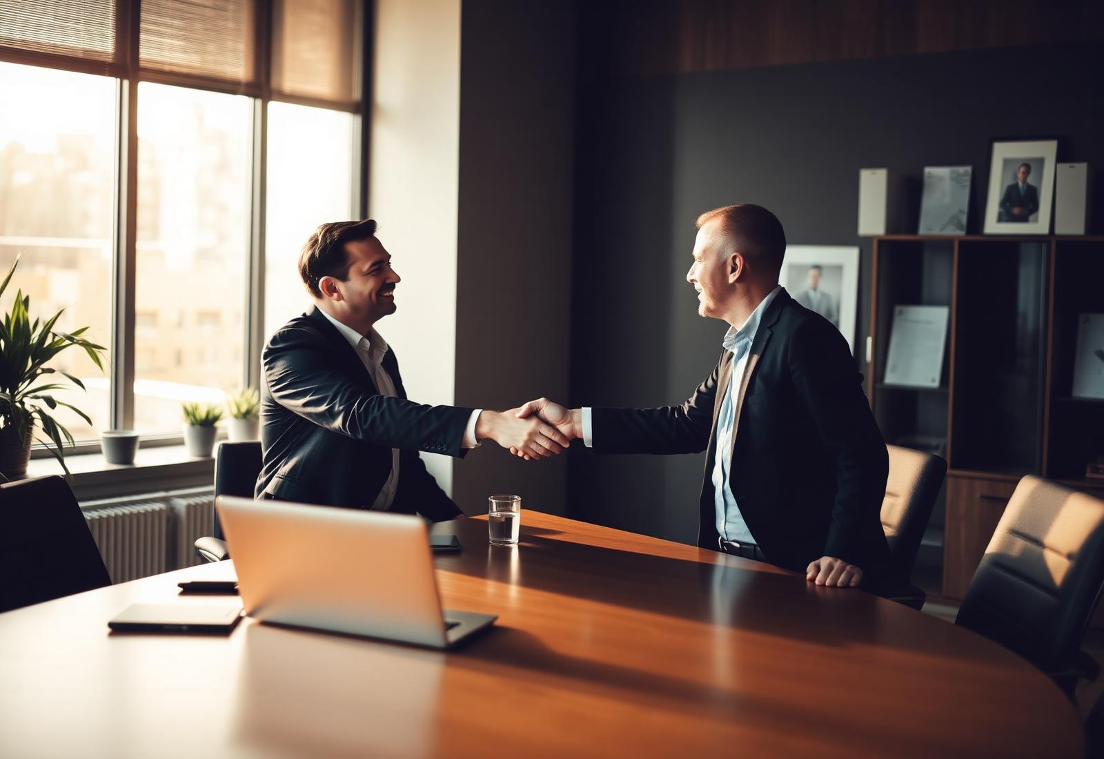 Two business partners shaking hands across a conference table