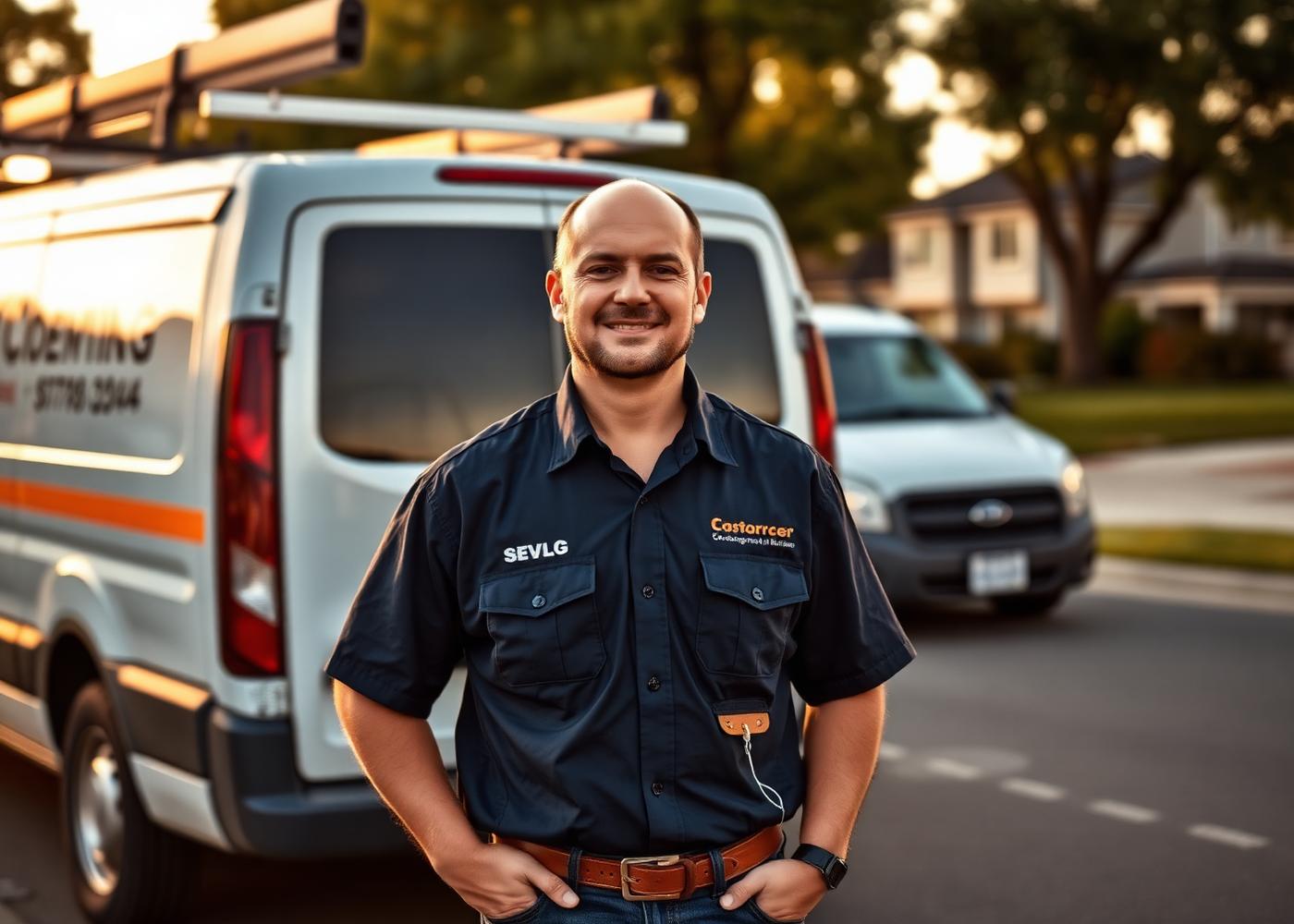 A local service business owner standing in front of a work van at golden hour