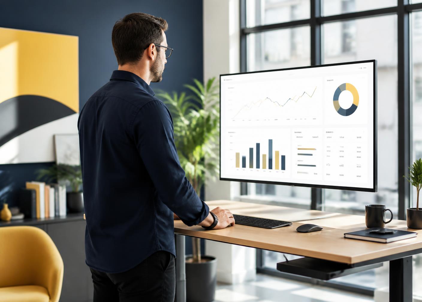 A marketing strategist reviewing an advertising performance dashboard on a large monitor